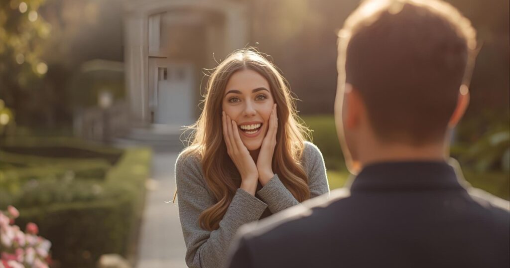 O que significa sonhar sendo pedida em namoro, mulher surpresa e feliz com a proposta de namoro em um jardim ensolarado.