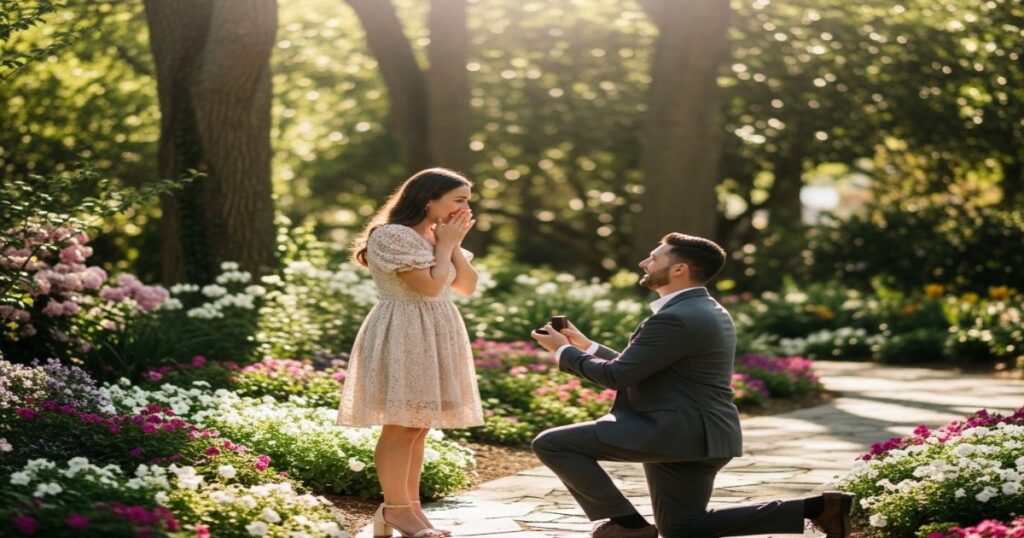 O que significa sonhar sendo pedida em namoro, mulher surpresa e feliz com a proposta de namoro em um jardim ensolarado.