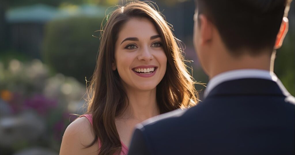 O que significa sonhar sendo pedida em namoro, mulher surpresa e feliz com a proposta de namoro em um jardim ensolarado.