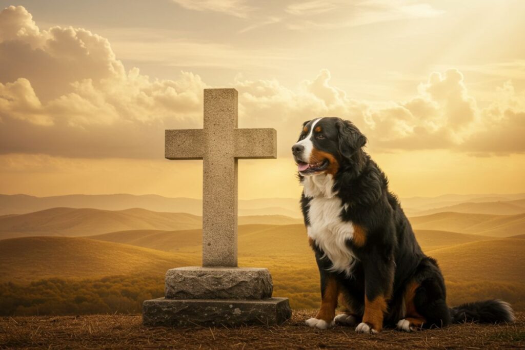 Um cachorro dócil e protetor sentado ao lado de uma cruz, em um cenário de luz celestial. O estilo é solene e inspirador.