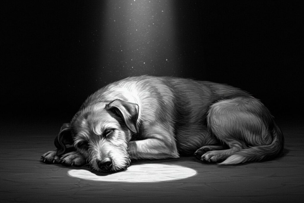  Uma ilustração de um cachorro morto, em tons cinza, com um feixe de luz vindo de cima, simbolizando a transição ou o fim de uma luta.