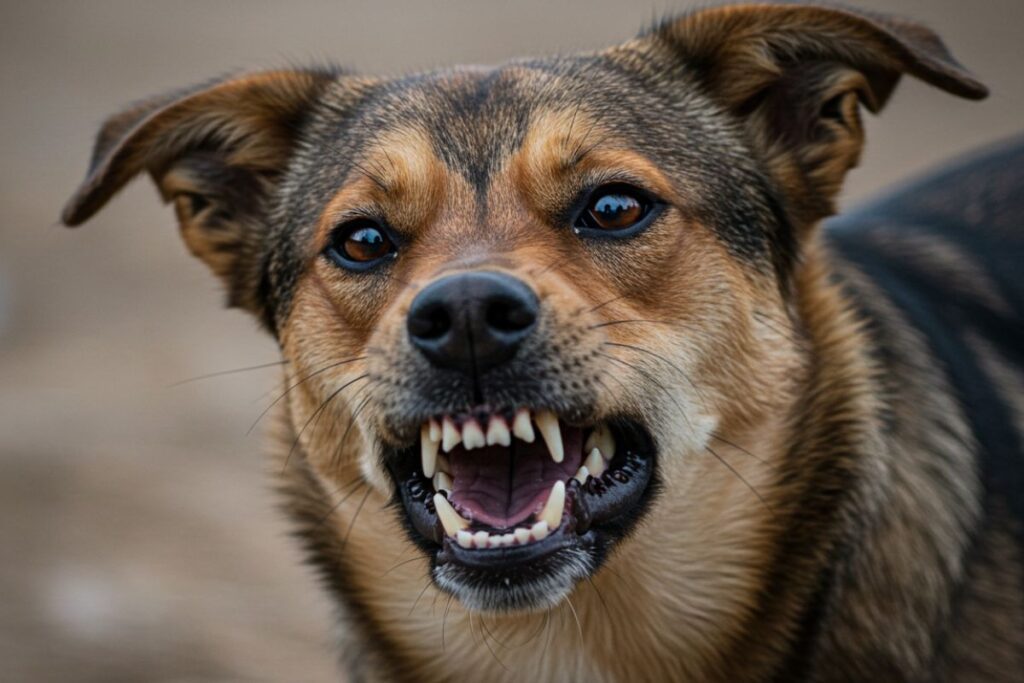 Um close-up do rosto de um cachorro bravo, com os dentes à mostra e as orelhas para trás, transmitindo a tensão e a raiva.