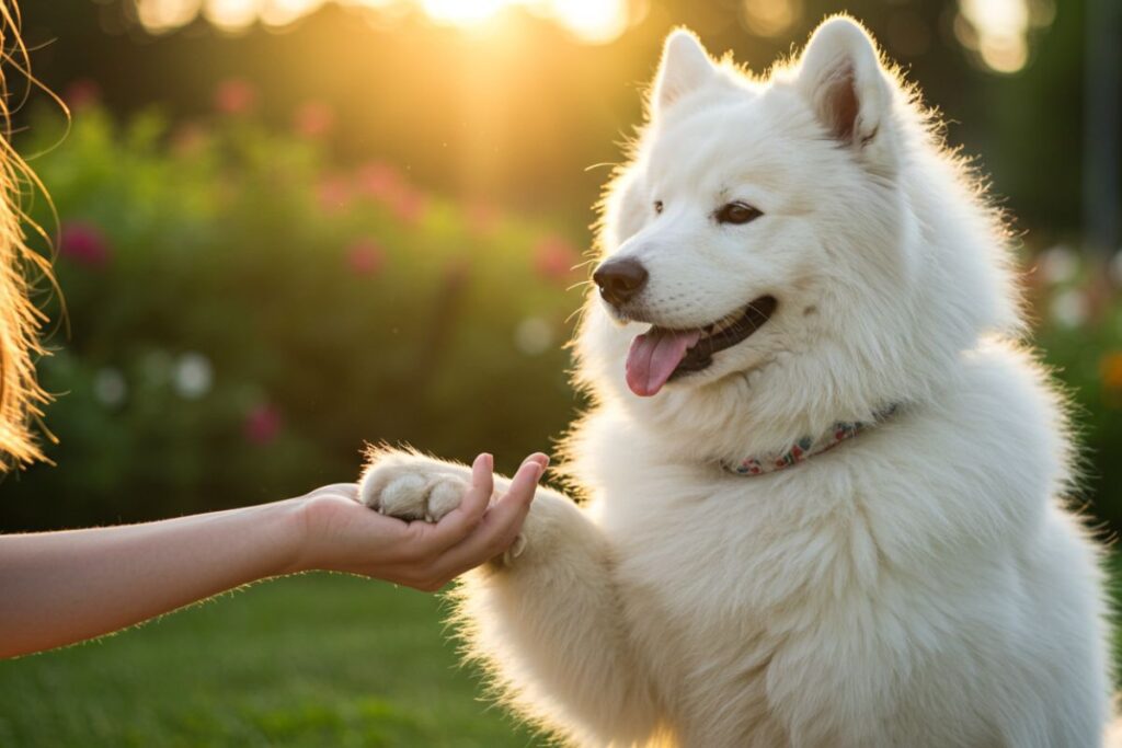 Uma imagem de um cachorro amigável, com a pata apoiada sobre a mão de uma pessoa, simbolizando amizade e lealdade. O fundo é claro e ensolarado.