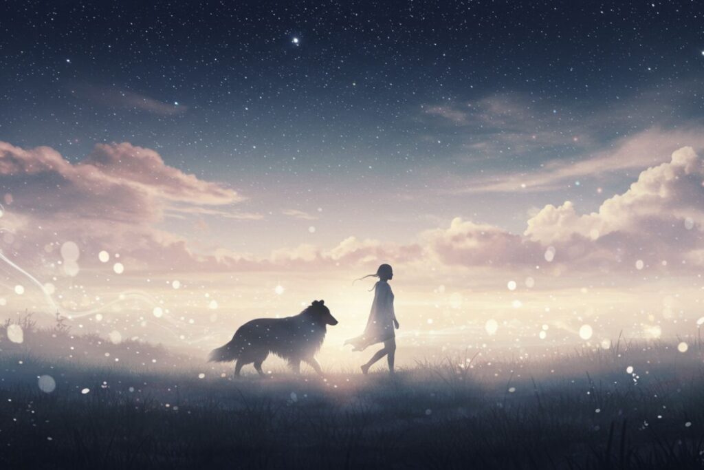 A silhueta de um cachorro, como um espírito guia, caminhando à frente de uma pessoa em uma paisagem etérea, com estrelas e luzes suaves ao redor.