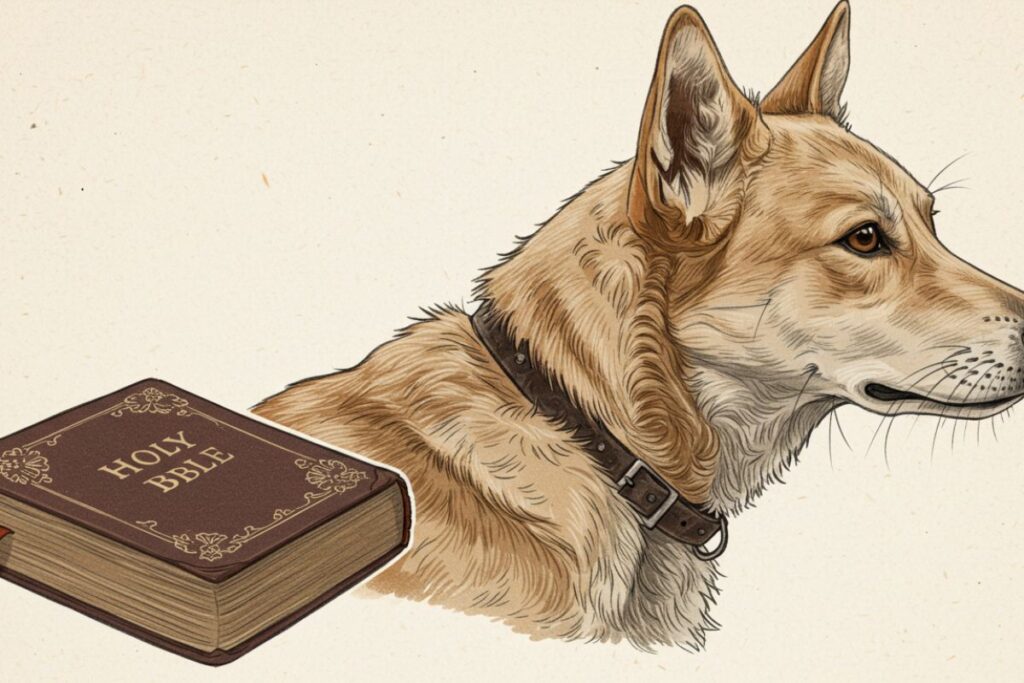 Uma ilustração de um cachorro de perfil, em tons neutros, com uma Bíblia antiga em primeiro plano, simbolizando a conexão entre o animal e os ensinamentos sagrados.