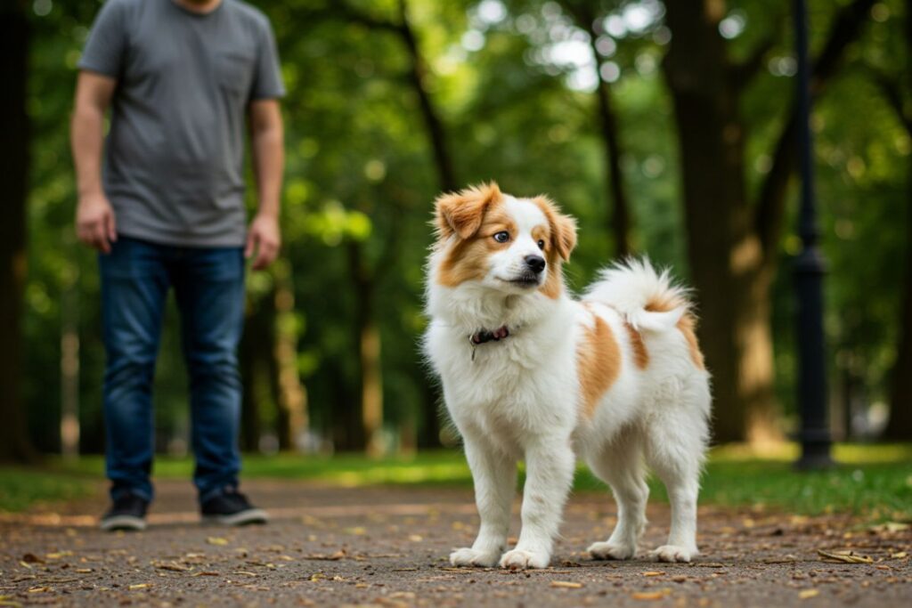 Uma pessoa observando, à distância, um cachorro desconhecido que parece curioso e amigável. A cena evoca a ideia de um novo encontro e de curiosidade.