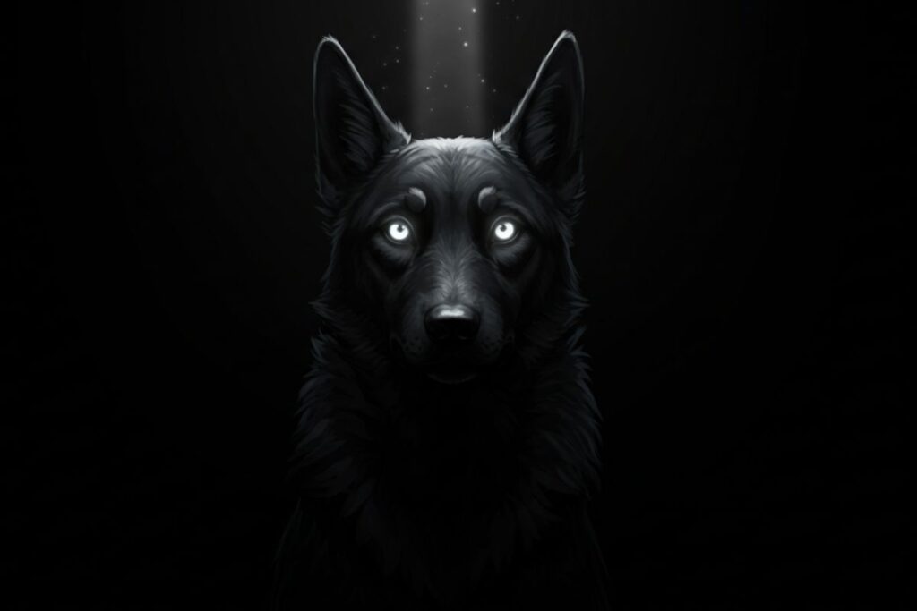 Uma ilustração de um cachorro preto com olhos brilhantes, envolto em sombras, mas com um feixe de luz destacando seu rosto. A imagem equilibra o mistério com a proteção.