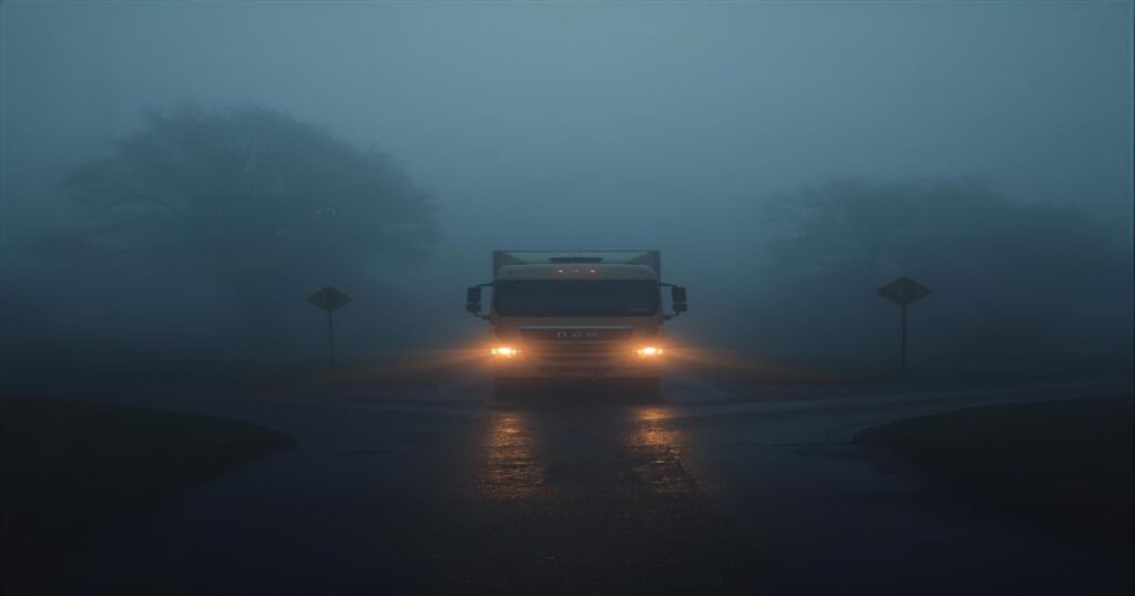 Um caminhão parado em uma encruzilhada, com a neblina ao redor, indicando incerteza e a necessidade de decidir o próximo passo.