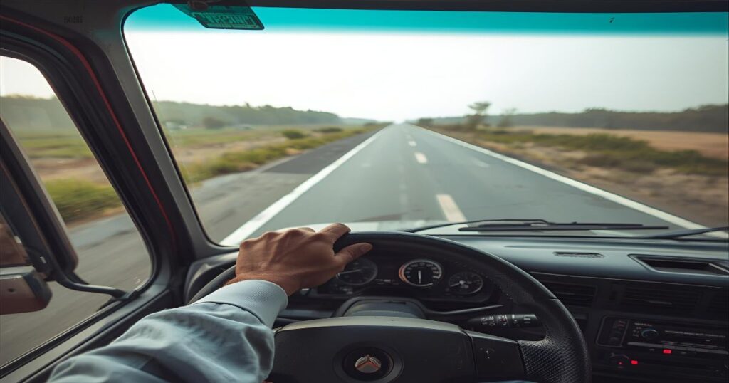 Uma imagem em primeira pessoa de alguém segurando o volante de um caminhão, com a estrada se abrindo à frente, para simbolizar o controle e a direção.