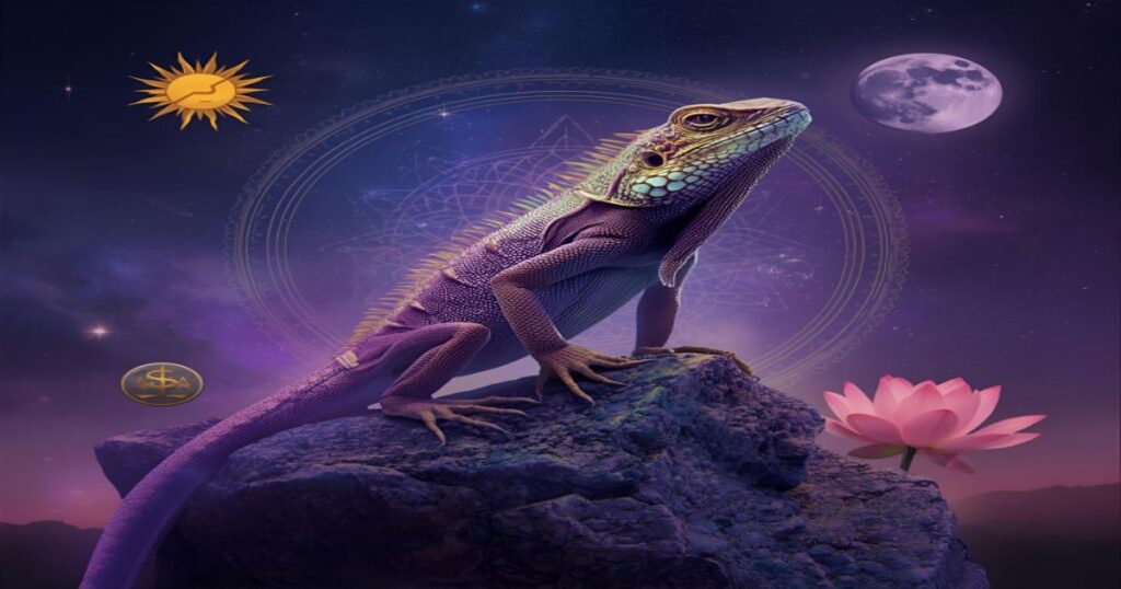 Uma imagem surreal de um lagarto místico, com elementos cósmicos ou espirituais. O lagarto está sobre uma pedra antiga, e ao seu redor flutuam símbolos espirituais como a flor de lótus, o sol e a lua. A cor do lagarto é vibrante, e o fundo é um céu estrelado em tons de roxo e azul-escuro.