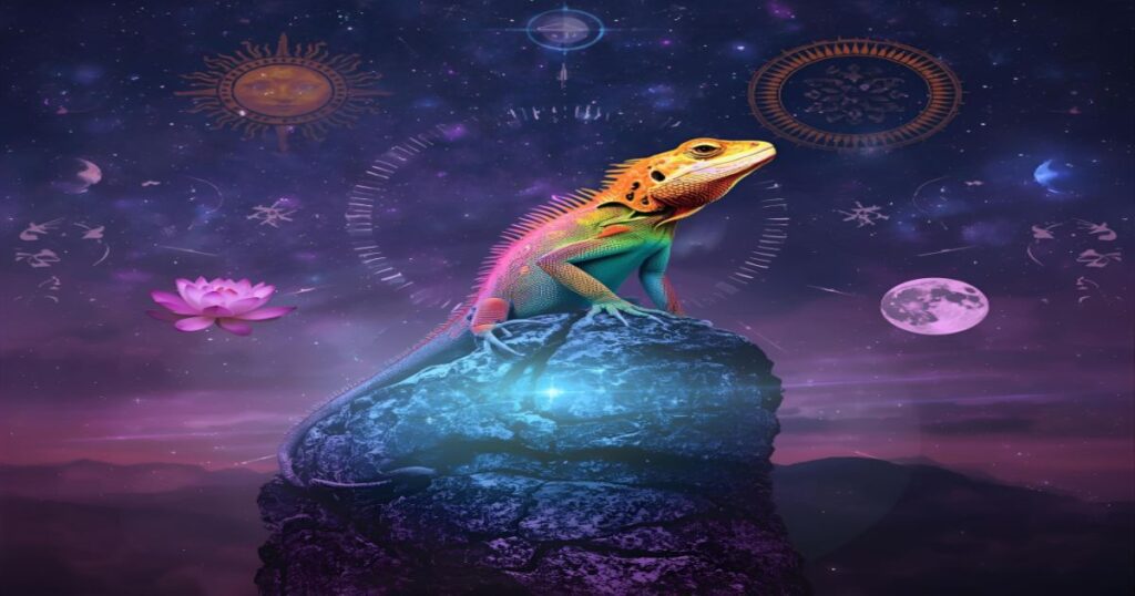Uma imagem surreal de um lagarto místico, com elementos cósmicos ou espirituais. O lagarto está sobre uma pedra antiga, e ao seu redor flutuam símbolos espirituais como a flor de lótus, o sol e a lua. A cor do lagarto é vibrante, e o fundo é um céu estrelado em tons de roxo e azul-escuro.