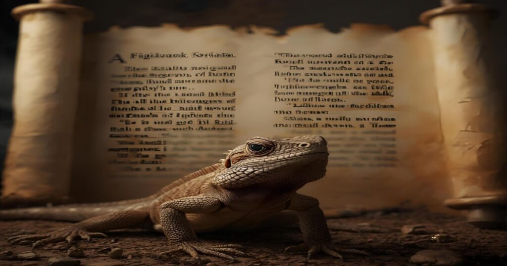 Uma imagem que evoca a atmosfera de pergaminhos antigos. Um lagarto em tons de sépia, com uma aura sombria ou de advertência, está em primeiro plano. O fundo é um pergaminho desenrolado com textos bíblicos borrados, sugerindo uma interpretação moral ou de vigilância espiritual.