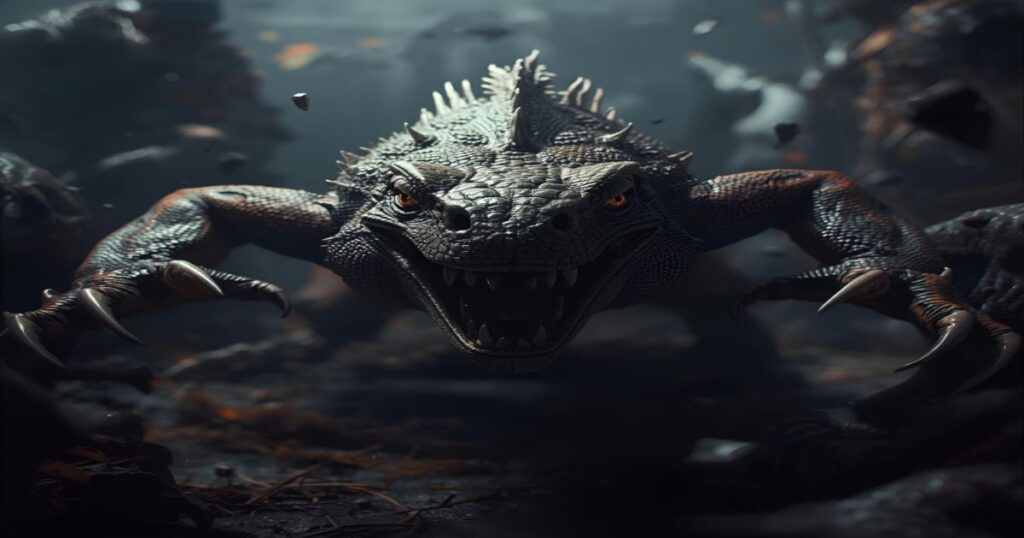 Uma imagem dramática e dinâmica. Um lagarto enorme e ameaçador, com garras afiadas, avança em direção à perspectiva do observador. O ambiente é escuro e caótico, com sombras pesadas e elementos que transmitem a sensação de perigo e ansiedade. O foco da imagem está na intensidade do ataque.