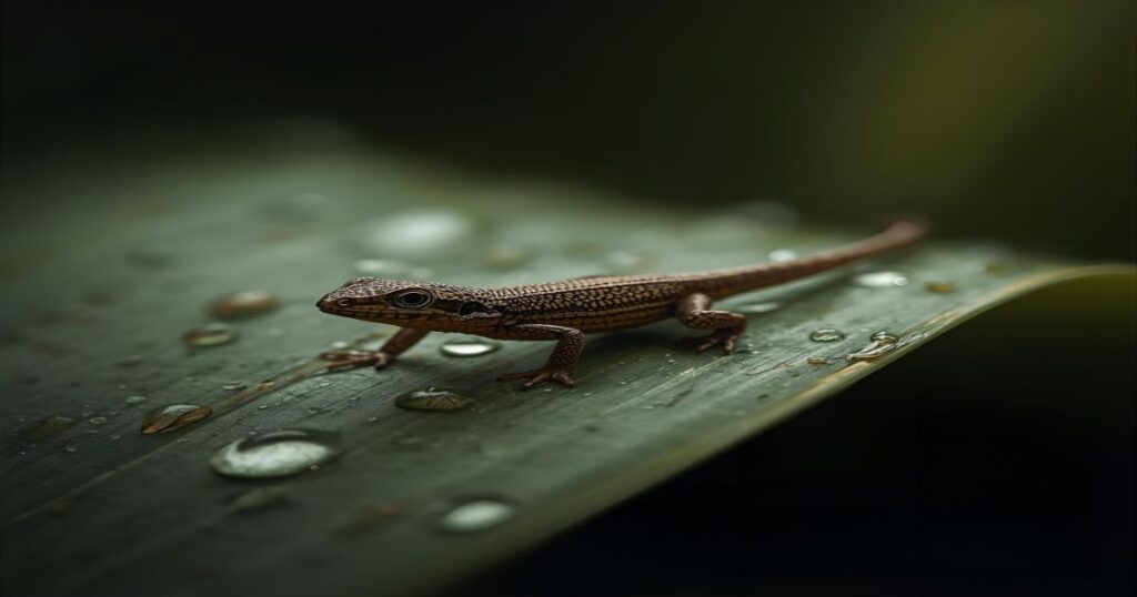 Uma imagem calma e detalhada. Um lagarto pequeno e paciente, com texturas realistas em sua pele, rasteja lentamente sobre uma folha verde e úmida. O foco da imagem está no movimento lento e deliberado, com detalhes da folha e das gotas de orvalho. A iluminação é suave e natural, transmitindo uma sensação de paciência e observação.