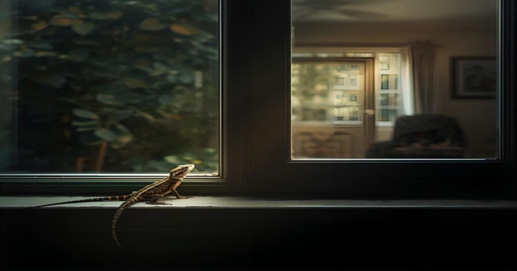 Uma imagem que mistura o ambiente doméstico com a natureza. Um lagarto está cuidadosamente posicionado sobre o parapeito de uma janela ou no chão de uma sala, contrastando com o ambiente aconchegante da casa. A luz do sol entra pela janela, iluminando o réptil e criando uma sensação de intrusão ou de uma presença inesperada.