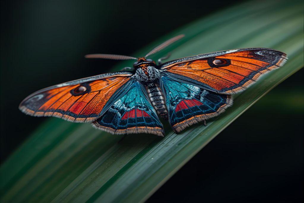 Uma foto de close-up de uma mariposa colorida e delicada pousada em uma folha, com suas asas abertas e detalhes intrincados. A imagem evoca a transformação e a beleza do processo.
