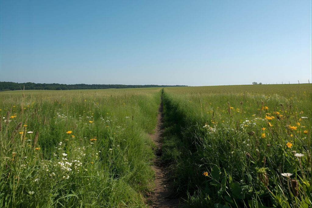 Uma imagem de um campo verde exuberante com flores silvestres, sob um céu azul claro. A cena é tranquila e harmoniosa, com um caminho que se perde no horizonte.