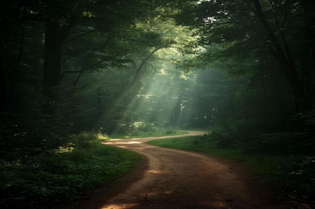  Um caminho sinuoso de terra que leva a uma floresta densa e misteriosa, com raios de sol penetrando através das árvores. O local é belo, mas instigante, simbolizando a jornada para o desconhecido.