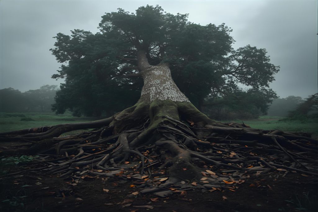 Uma imagem de uma grande árvore caída, com suas raízes expostas e o espaço vazio onde ela ficava. A cena é poderosa e um pouco melancólica, simbolizando o fim de um ciclo.