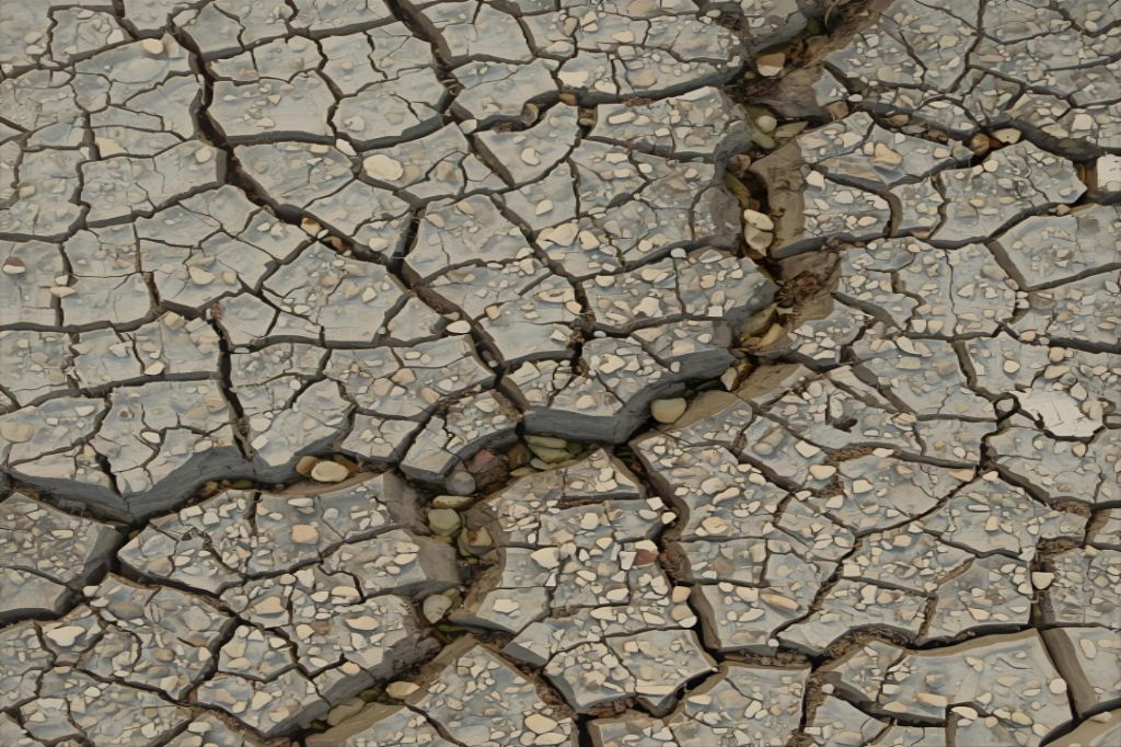  imagem de um leito de rio seco e rachado, com pequenas pedras no chão, simbolizando a ausência de fluxo e a necessidade de renovação.