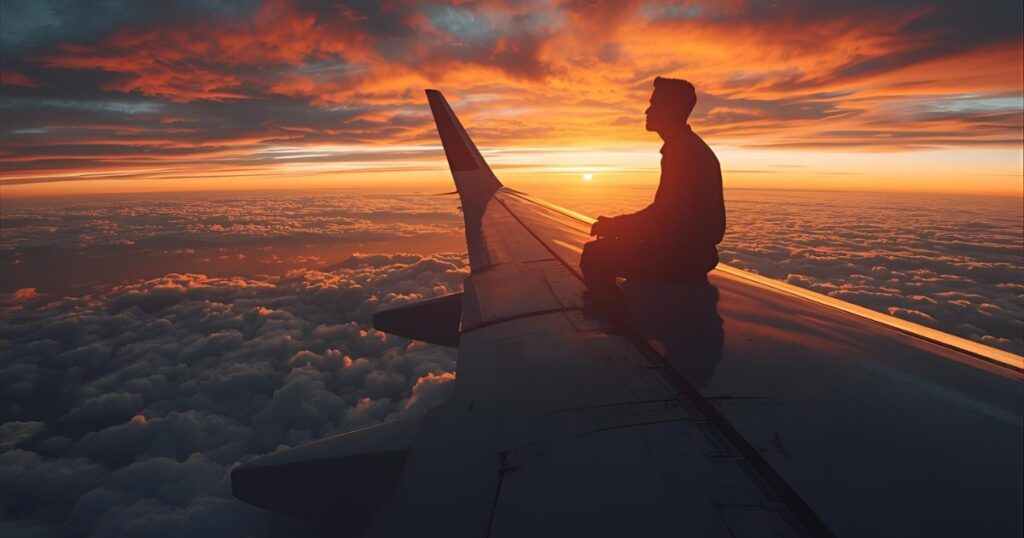 Significado espiritual de sonhar com viagem de avião, avião decolando sobre as nuvens ao nascer do sol.