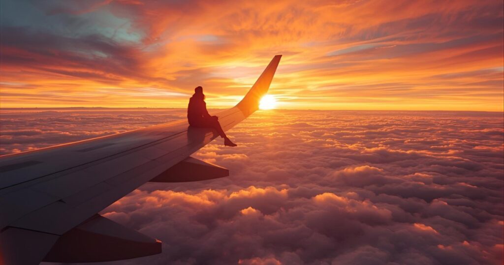Significado espiritual de sonhar com viagem de avião, avião decolando sobre as nuvens ao nascer do sol.