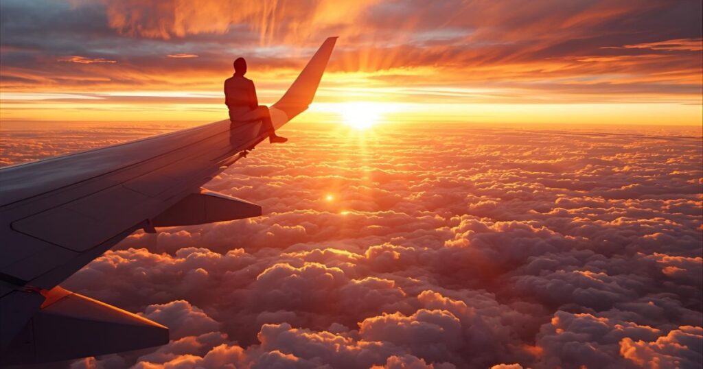 Significado espiritual de sonhar com viagem de avião, avião decolando sobre as nuvens ao nascer do sol.