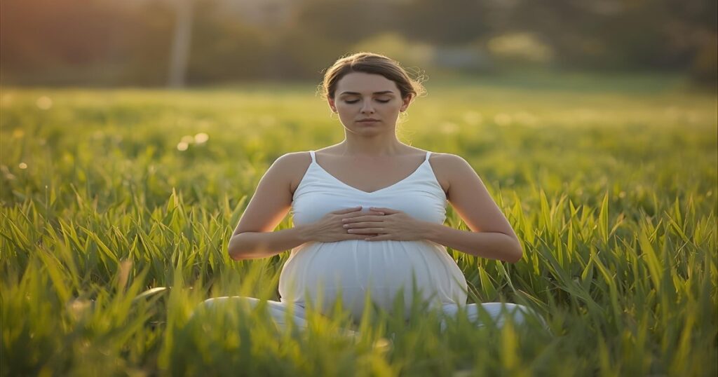 Mulher grávida meditando na natureza, simbolizando o significado espiritual de sonhar que está grávida.