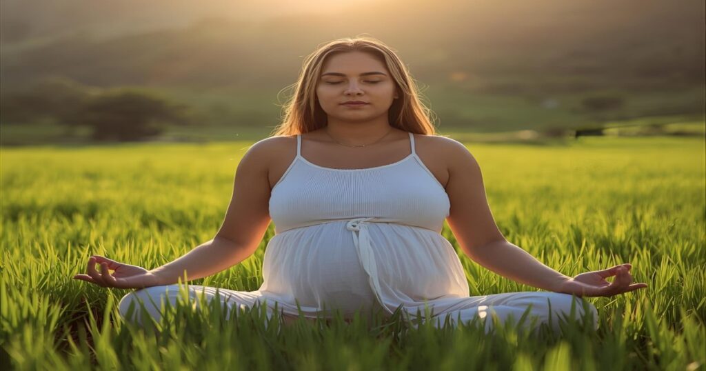 Mulher grávida meditando na natureza, simbolizando o significado espiritual de sonhar que está grávida.